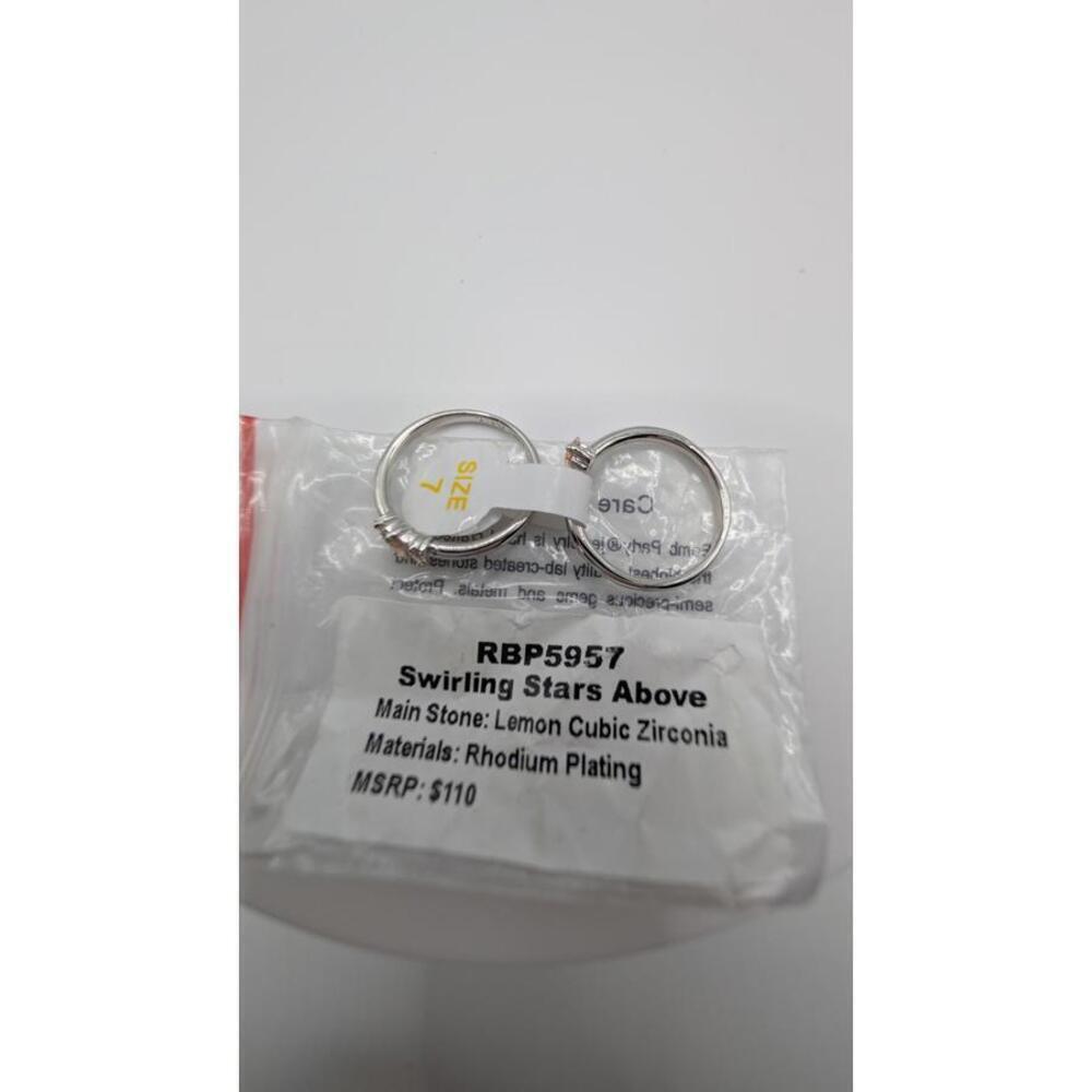 Swirling Stars Above Rhodium Plated Ring with Lemon Cubic Zirconia Size 7